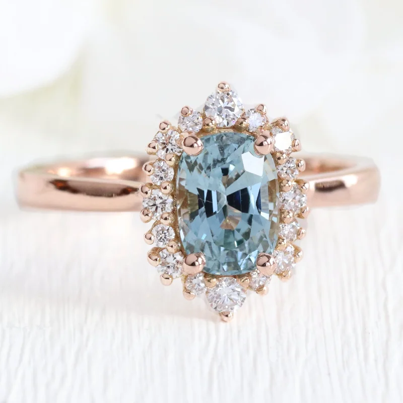 1.81 Ct Teal Aqua Blue Sapphire Ring in 14k Rose Gold Tiara Halo Diamond, Size 6.5