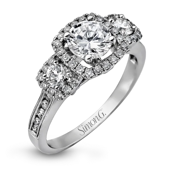 18K 3-stone with Diamond halo Engagement Ring