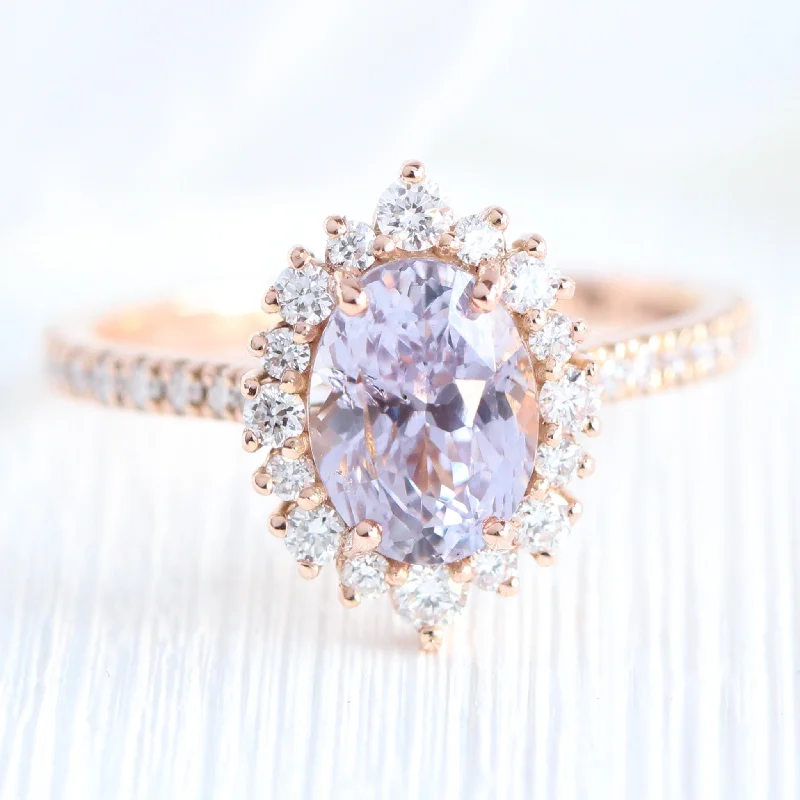 2.65 Ct Oval Lavender Sapphire Ring in 14k Rose Gold Tiara Halo Diamond, Size 7.25