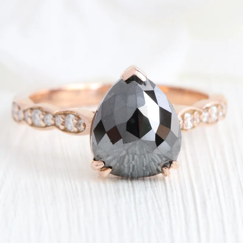 2.82 Ct Pear Rose Cut Black Diamond Ring in 14k Rose Gold Solitaire Scalloped Band, Size 6.75