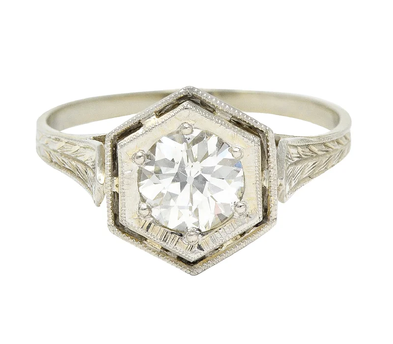 Art Deco 0.74 CTW Old European Cut Diamond 20 Karat White Gold Hexagonal Engagement Ring