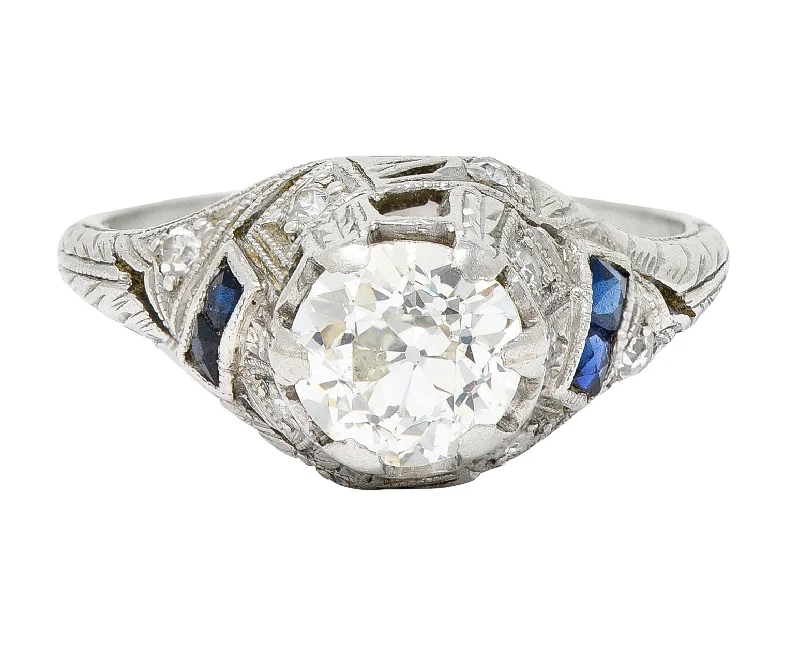 Art Deco 1.24 CTW Diamond Sapphire Platinum Foliate Engagement Ring