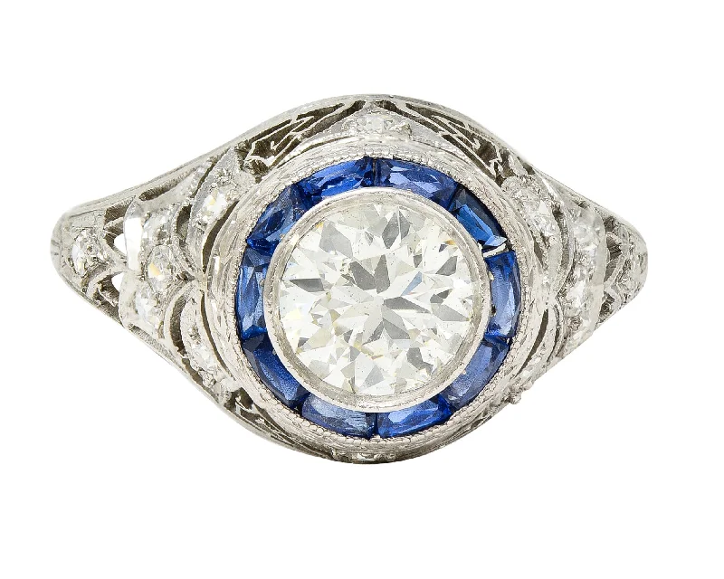 Art Deco 1.43 CTW Old European Cut Diamond Sapphire Halo Greek Key Foliate Engagement Ring