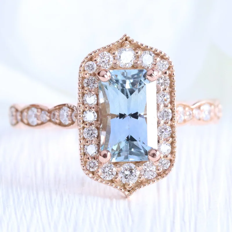 1.80 Ct Emerald Cut Aqua Blue Sapphire Ring in 14k Rose Gold Vintage Floral Ring, Size 6.5