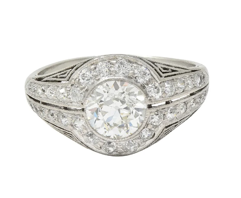 J.E. Caldwell Art Deco 1.35 CTW Diamond Platinum Greek Key Antique Bombé Engagement Ring