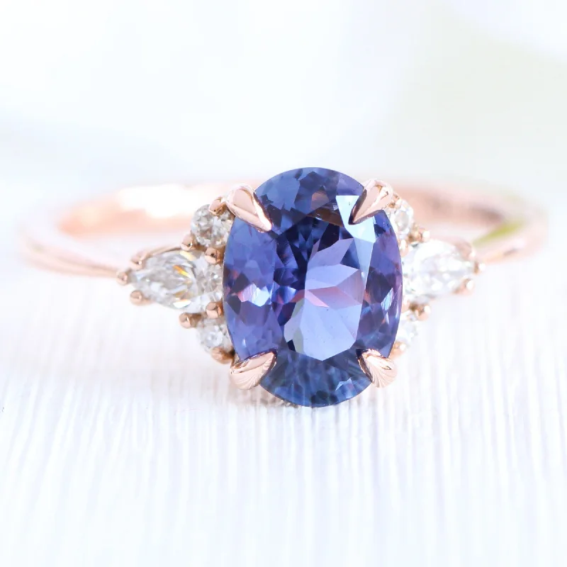 2.54 Ct Large Bluish Purple Sapphire Ring in 14k Rose Gold 3 Stone Diamond Ring, Size 6.25