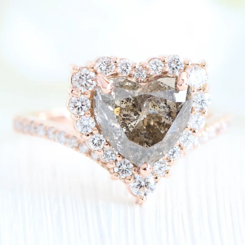 3.20 Ct Salt and Pepper Diamond Ring in 14k Rose Gold Tiara Halo Heart Ring, Size 6.5