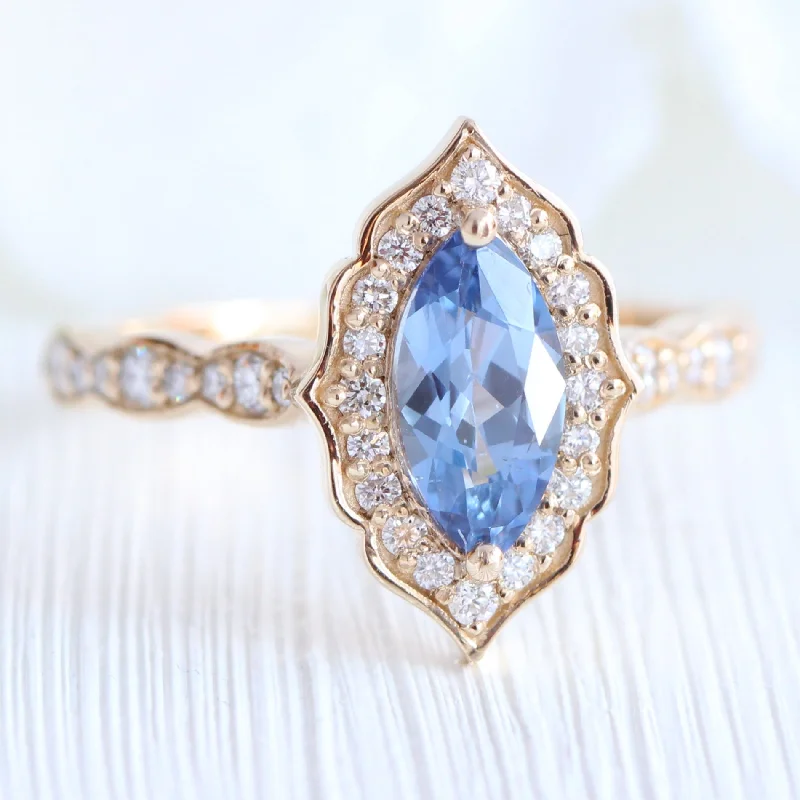 Marquise Ceylon Sapphire Ring in 14k Yellow Gold Vintage Floral Diamond Ring, Size 6.25