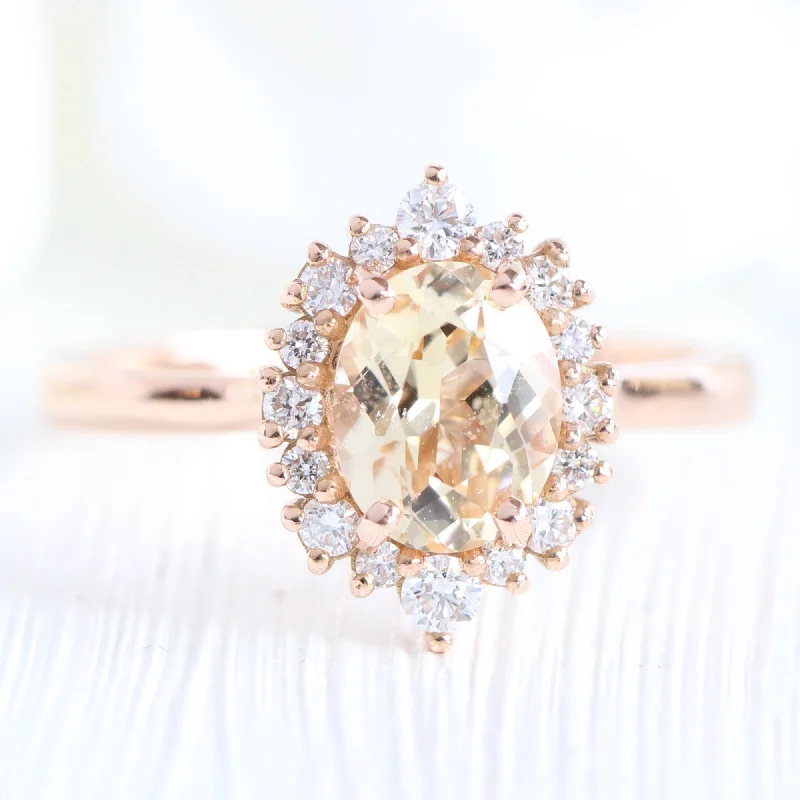 1.61 Ct Champagne Yellow Sapphire Ring in 14k Rose Gold Tiara Oval Halo Diamond, Size 6.25