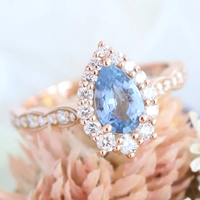 1.48 Ct Pear Aqua Blue Sapphire Ring in 14k Rose Gold Tiara Halo Diamond, Size 6.5