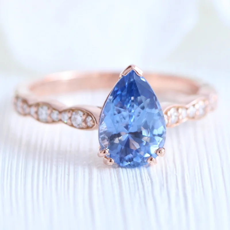 2.18 Ct Pear Blue Sapphire Diamond Ring in 14k Rose Gold Grace Solitaire Ring, Size 6.5