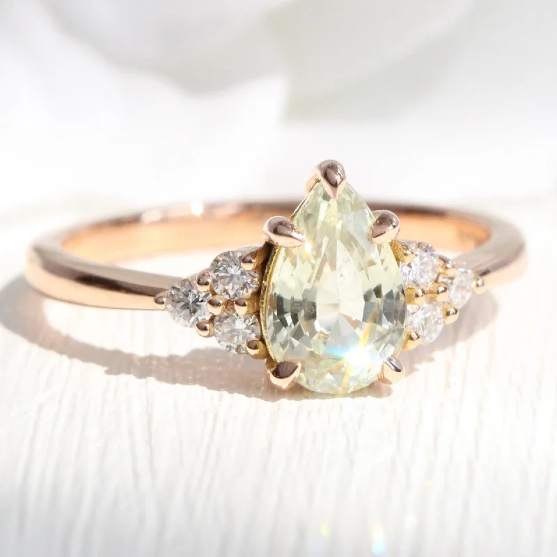 Pear Light Green Sapphire Diamond Ring in 14k Rose Gold 3 Stone Ring, Size 5