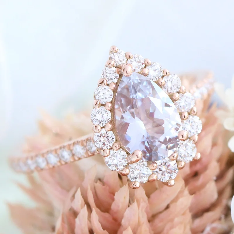 1.69 Ct Light Lavender Sapphire Ring in 14k Rose Gold Tiara Halo Pave Diamond, Size 6.5