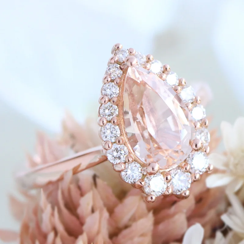 2.18 Ct Pear Morganite Diamond Ring in 14k Rose Gold Tiara Halo Tapered Band, Size 6.25