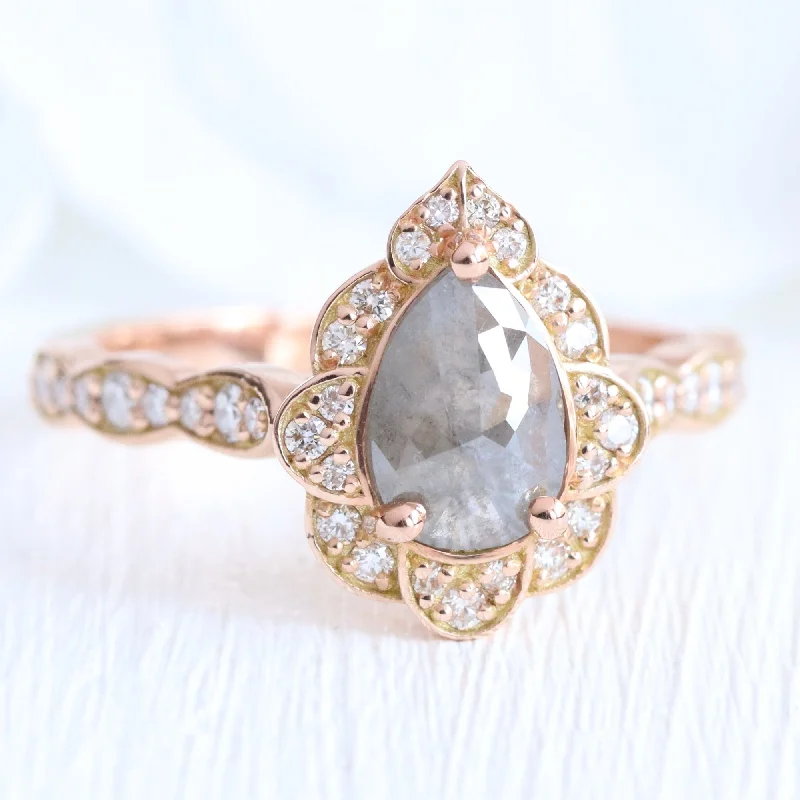 Pear Cut Salt and Pepper Diamond Ring in 14k Rose Gold Vintage Floral Ring, Size 6