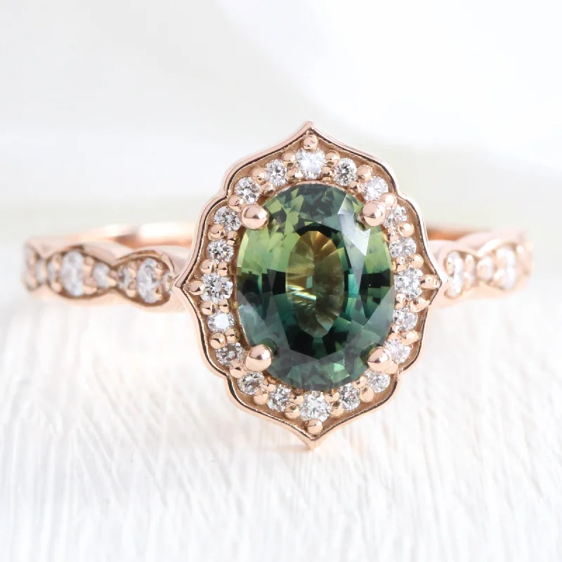 1.9 Ct Teal Green Sapphire Ring in 14k Rose Gold Vintage Floral Diamond, Size 6.25