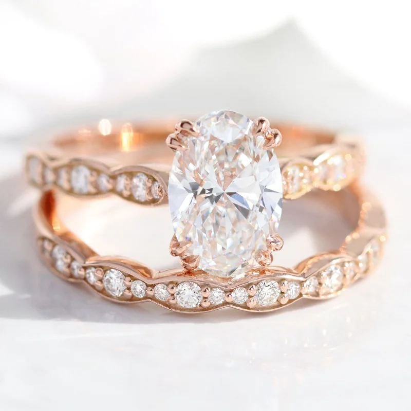 1.98 Ctw Oval Diamond Ring Set w/ Lab Diamond and Matching Wedding Band