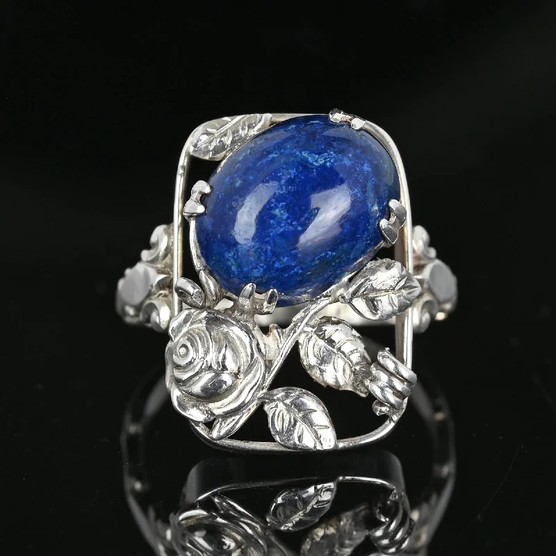 Arts & Crafts Rose and Leaf Silver Lapis Lazuli Ring