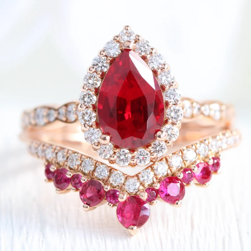 Luna Halo Pear Ruby Bridal Ring Set w/ Large Tiara Diamond Ruby Wedding Band