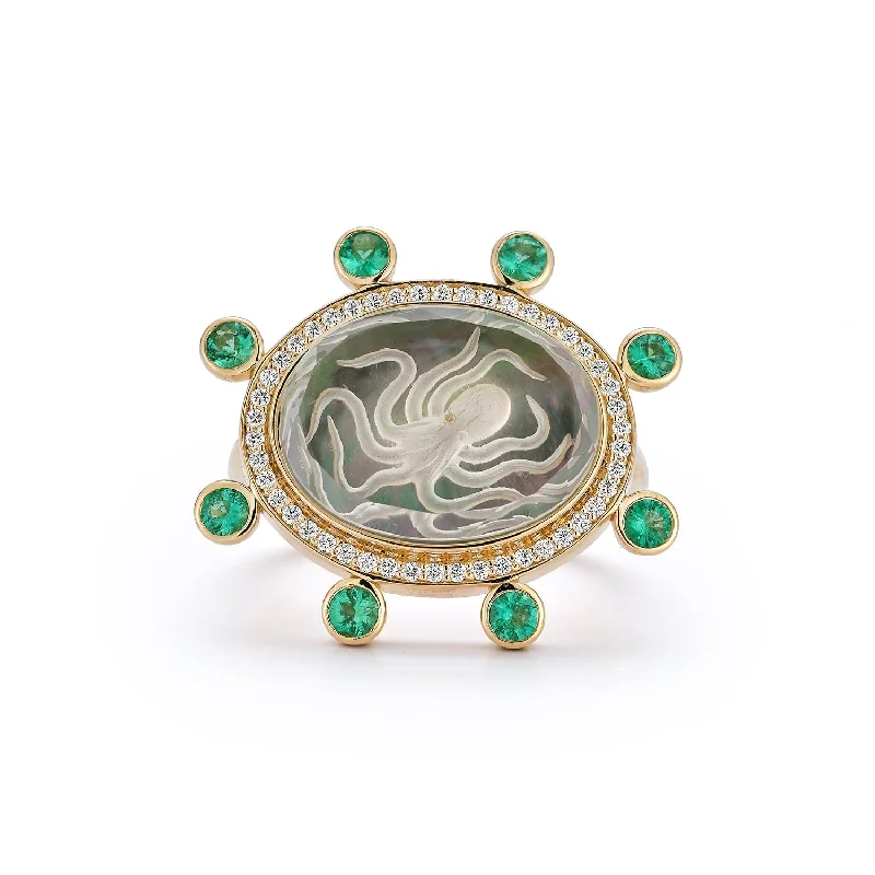 Large Octopus Caspian Ring- Grey Mother-of-Pearl, Diamond and Emerald