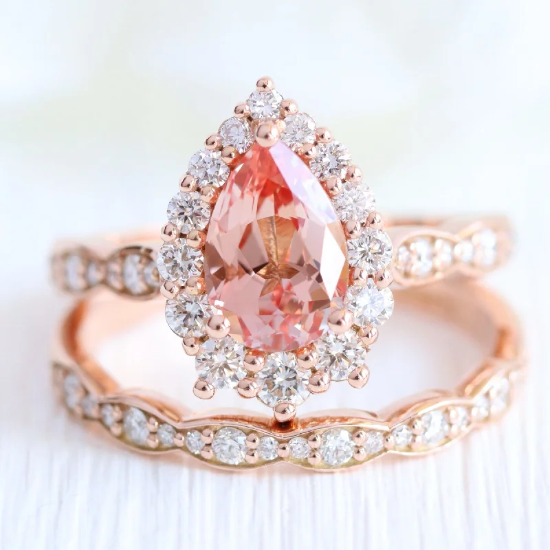 Large Tiara Halo Pear Ring Set w/ Champagne Peach Sapphire and Diamond