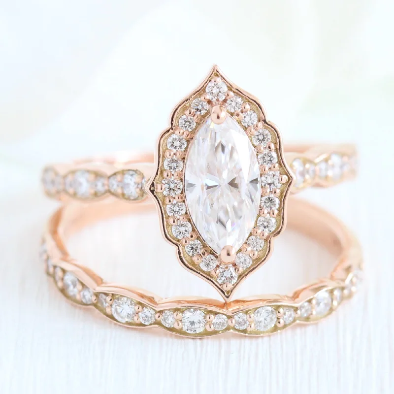 Vintage Floral Marquise Ring Set w/ Moissanite and Matching Diamond Band