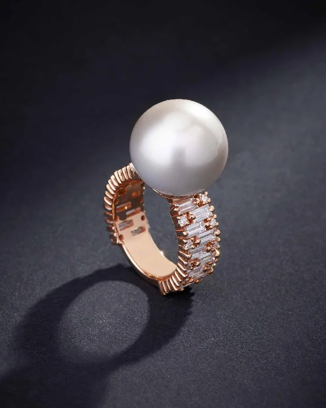 One of a Kind South Sea Pearl Ring with Baguette & Round Diamonds