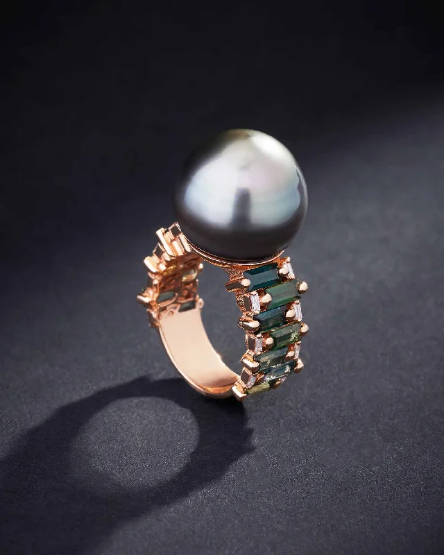 One of a Kind Tahitian Pearl Ring with Green Sapphires & Baguette Diamonds