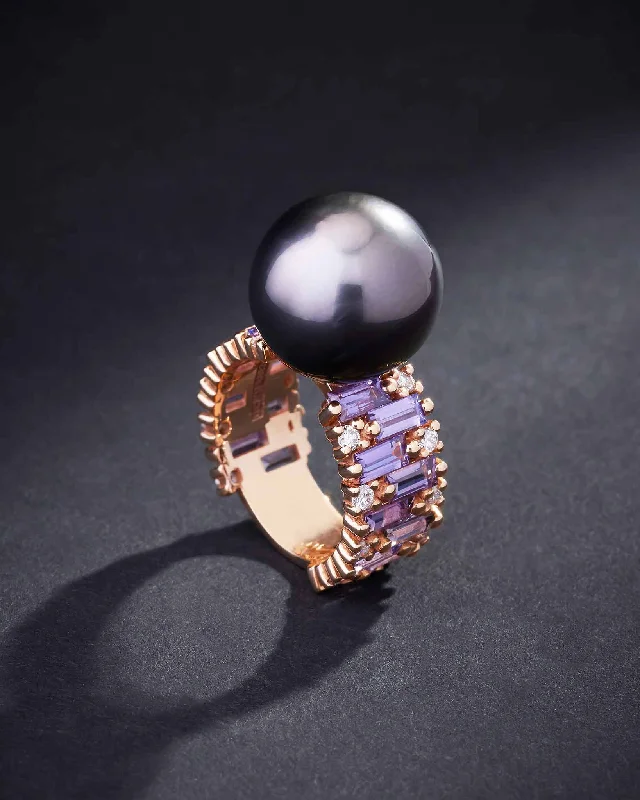 One of a Kind Tahitian Pearl Ring with Purple Sapphires & Diamonds