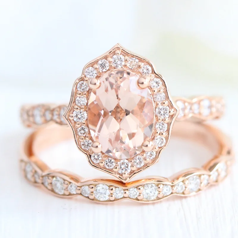 Oval Vintage Floral Bridal Set in Scalloped Band w/ Morganite and Diamond