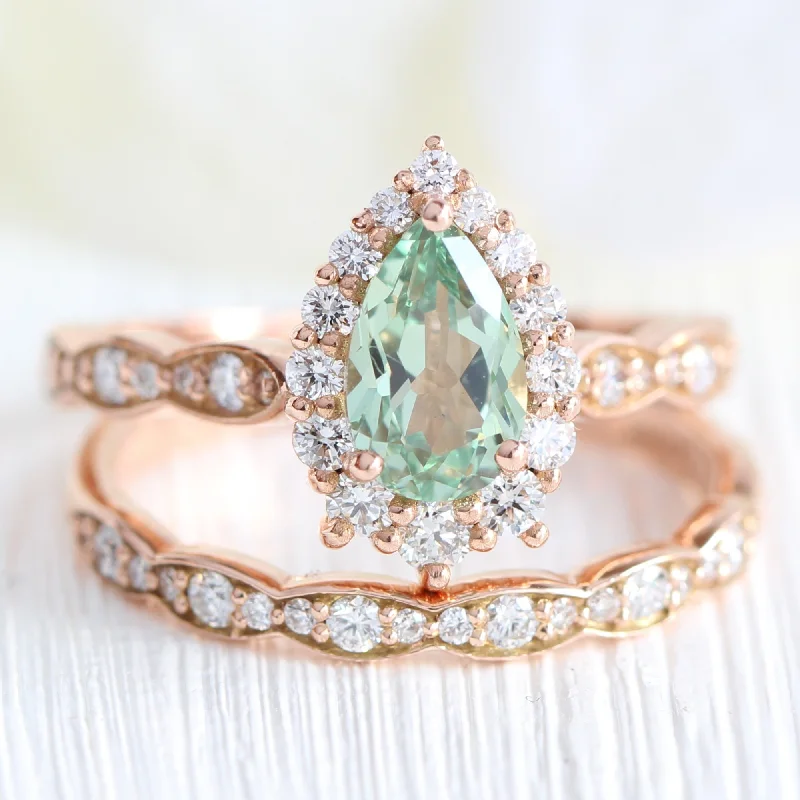 Tiara Halo Ring Set in Scalloped Band w/ Pear Sea Foam Green Sapphire and Diamond