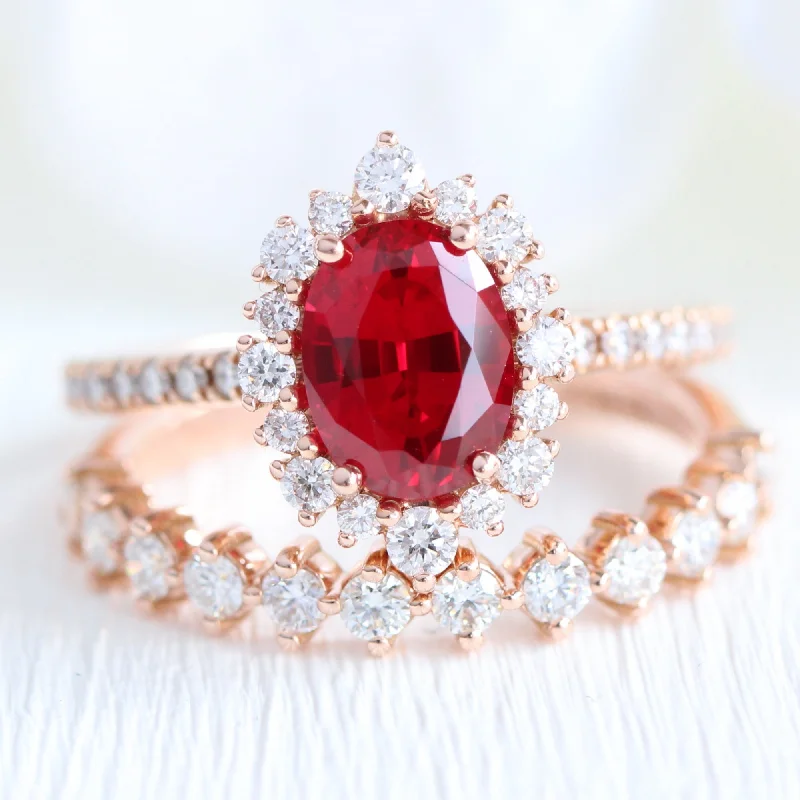 Tiara Halo Oval Ruby Bridal Ring Set w/ Half Eternity Diamond Wedding Band