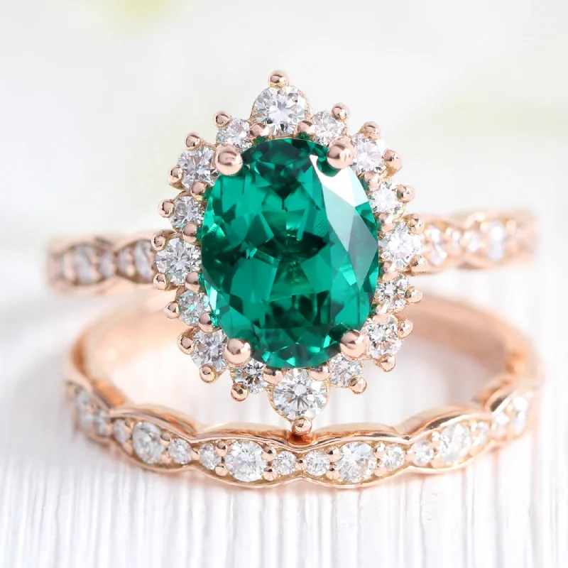 Large Tiara Halo Oval Ring Set w/ Emerald and Diamond in Scalloped Band