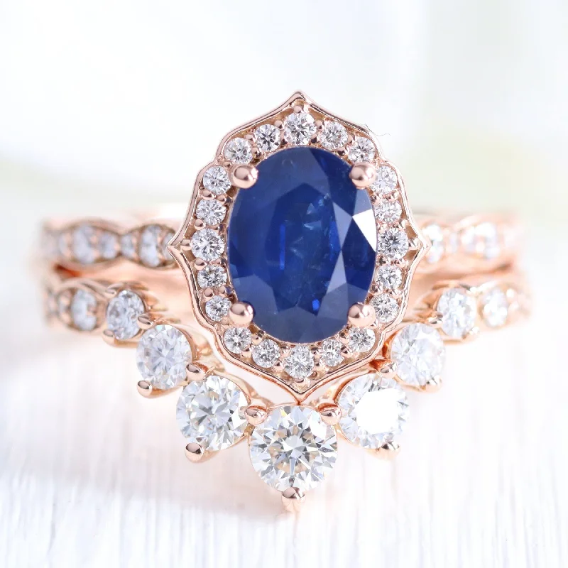 Vintage Floral Oval Bridal Ring Set w/ Natural Sapphire and Large 7 Diamond U Band