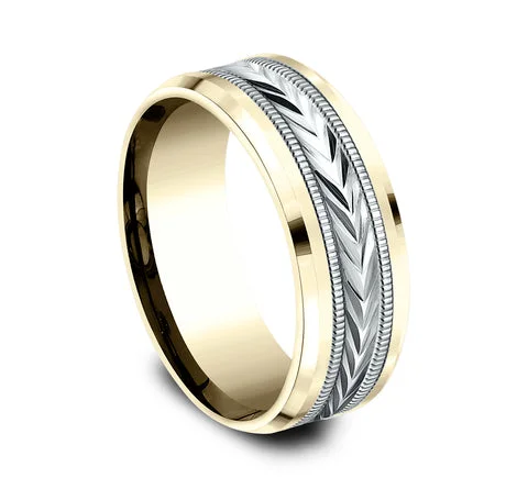 14K Yellow-White Gold Wheat Pattern with Milgrain and Polished Bevel Edges-8mm