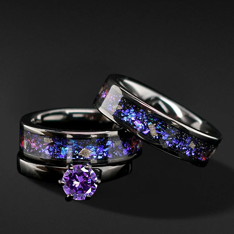 NEBULA Unique Engagement Wedding Rings Set | Natural Meteorite, Opal & Amethyst | Tungsten Wedding Bands for Him & Her