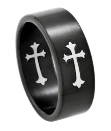 Black Stainless Steel Ring with Inlaid Gothic Cross-8mm