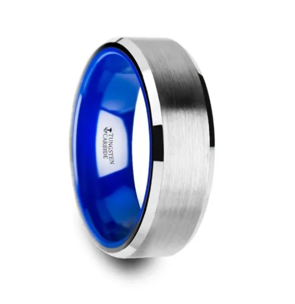 SIRIUS Flat Beveled-Edged Tungsten Ring Brushed and Vibrant Blue Ceramic Inside