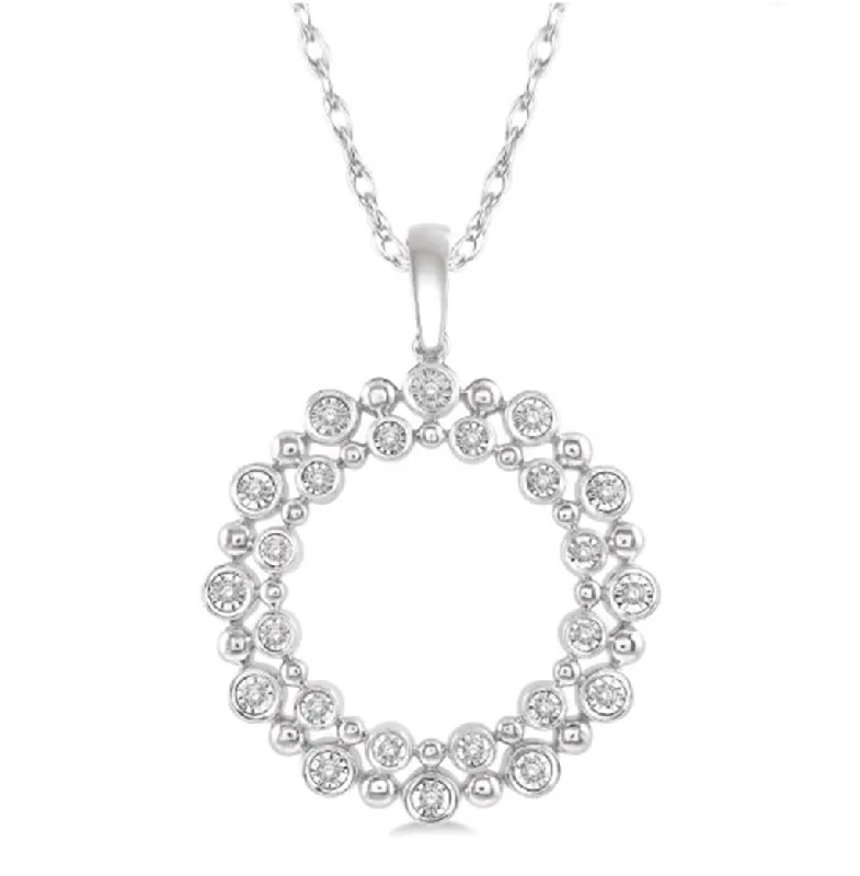 10K White Gold Double Halo Diamond Circle Pendant Necklace