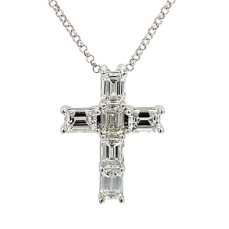 14K White Gold Emerald Cut Diamond Cross Pendant Necklace