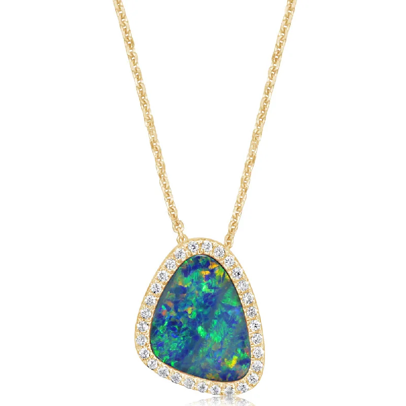 14K Yellow Gold Australian Opal Doublet/Diamond Pendant