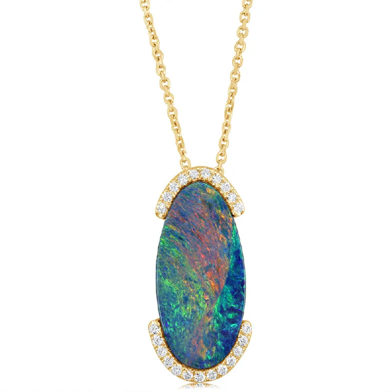 14K Yellow Gold Australian Opal Doublet/Diamond Pendant