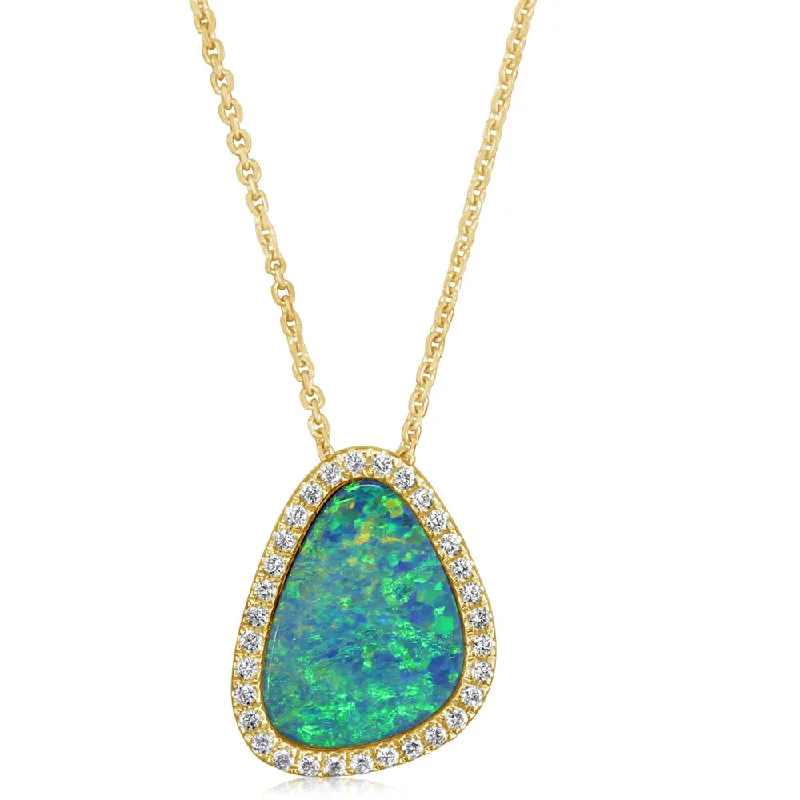 14K Yellow Gold Australian Opal Doublet/Diamond Pendant