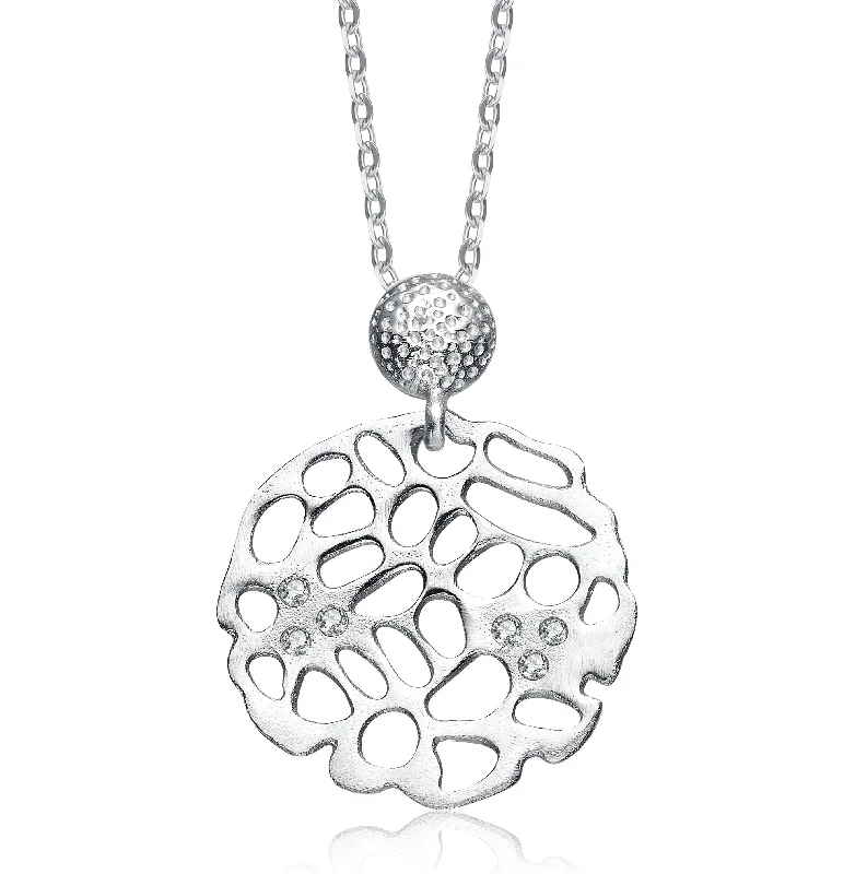 Cubic Zirconia Sterling Silver Rhodium Plated Matte Brushed Filigree Pendant