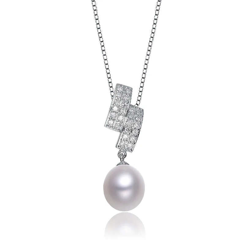 Cubic Zirconia Sterling Silver Rhodium Plated Pearl Drop Pendant