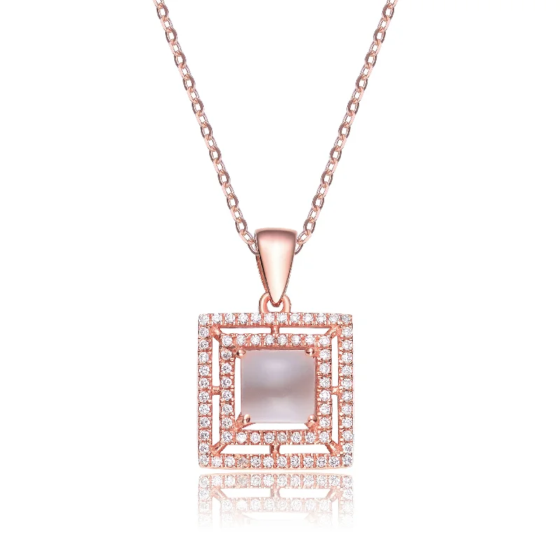 Cubic Zirconia Sterling Silver Rose Plated Square Opal Pendant