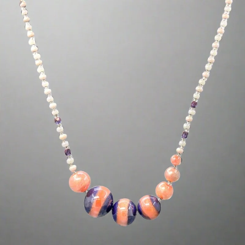 STST Peach, White and Purple Murano Glass Beaded Necklace