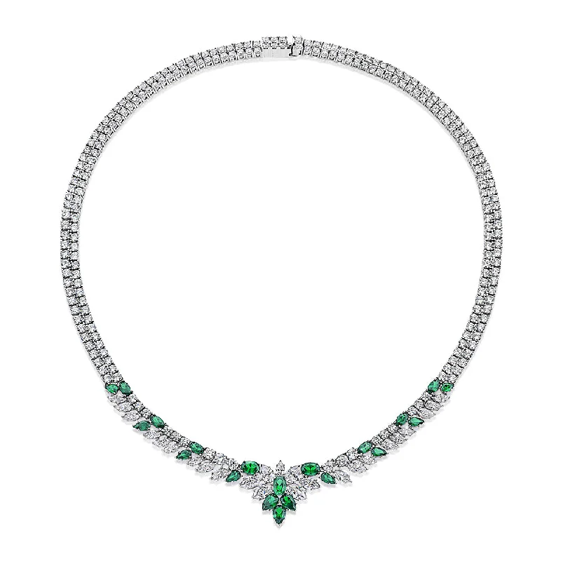 Statement necklace with emerald simulants and 21.57 carats* of diamond simulants in sterling silver