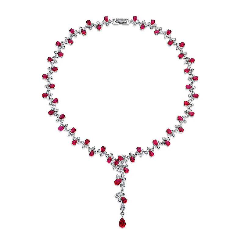 Statement necklace with ruby simulants and 32.71 carats* of diamond simulants in sterling silver