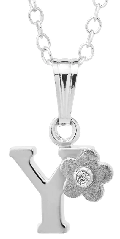 SS 0.01cttw Diamond Initial "Y" Flower Pendant with Chain